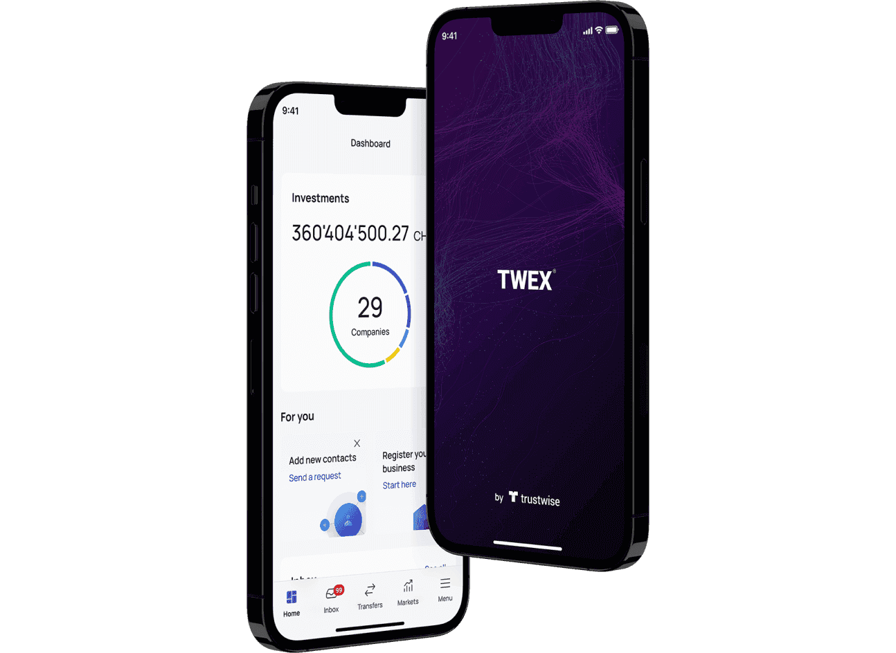Two smartphones showing investors dashboard and welcome screen of TWEX app